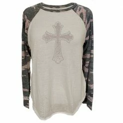 Lincoln Outfitters Ladies Long Sleeve Raglan Fashion Cross T-Shirt Camo - LO-LFR-08 - Long Sleeve Shirts Women's